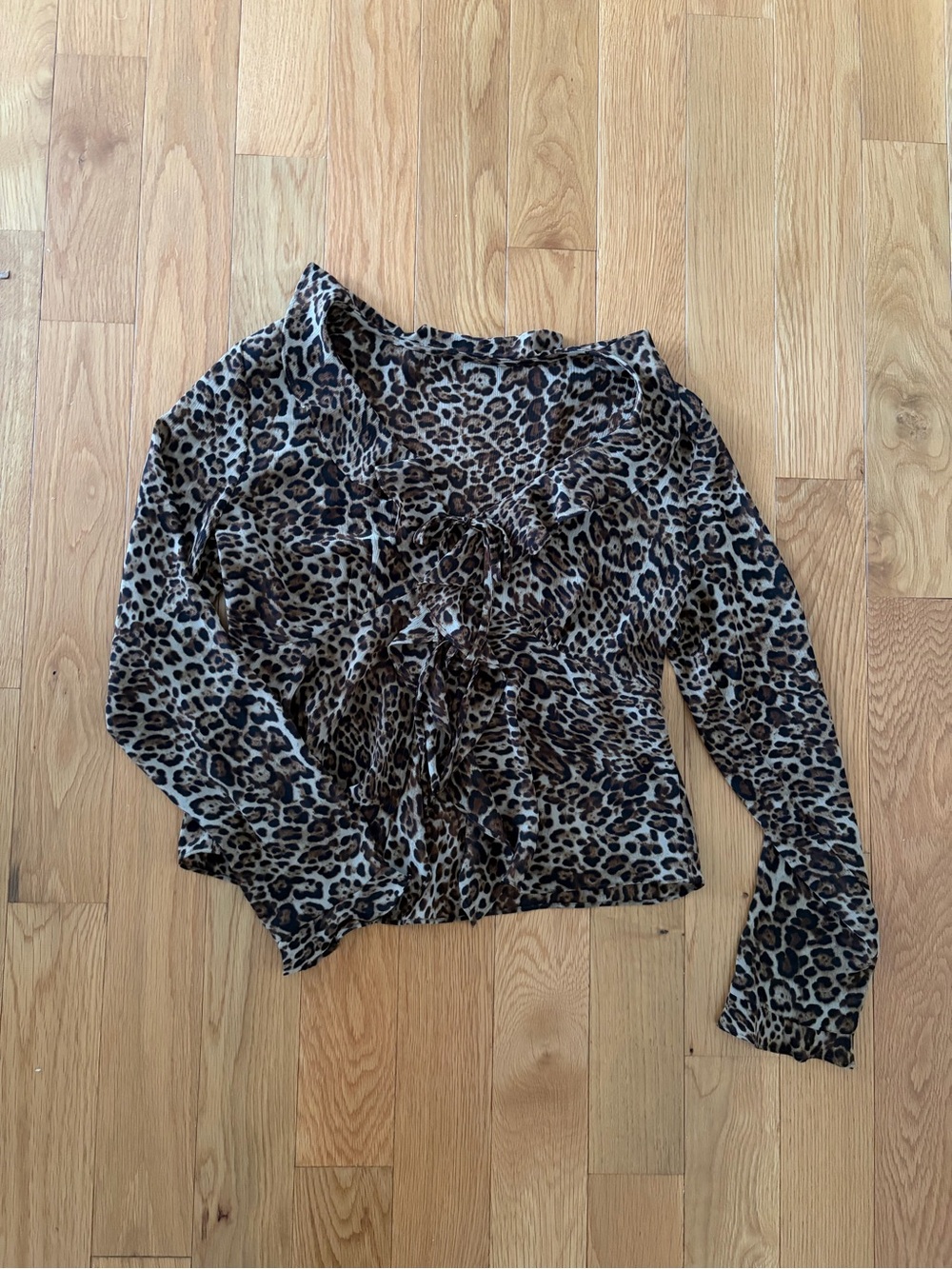 Leopard Print Ruffle Front Long-Sleeve Top - Brown
